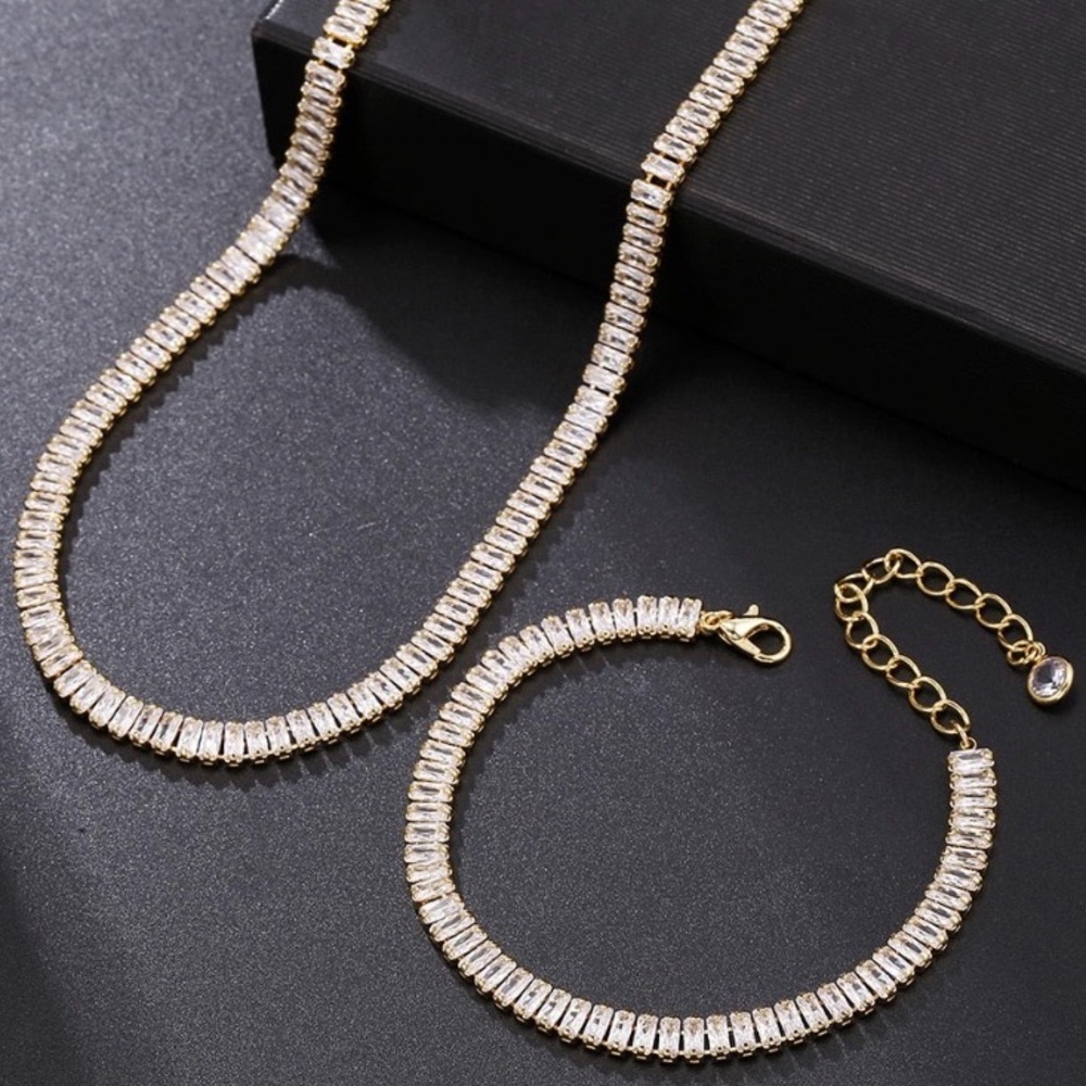 Baguette Crystal Gold Plated Zircon Diamond Necklace Bracelet Set - Picture 1 of 9